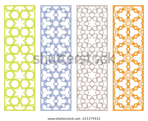Decorative geometric line border patterns.\
Tribal ethnic arabic, indian, turkish ornament, bookmarks templates\
set. Isolated design elements. Template for laser cutting, fashion\
collection