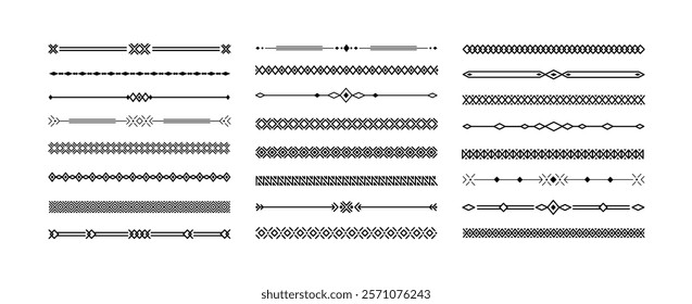 Decorative geometric line borders. Elegant ornamental dividers and ornamental border decor. Vintage line separators with geometric patterns vector set.