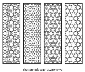 Decorative geometric line borders with repeating texture. Tribal ethnic arabic, indian, turkish ornament, bookmarks templates set. Isolated design elements. Stylized black lace patterns collection