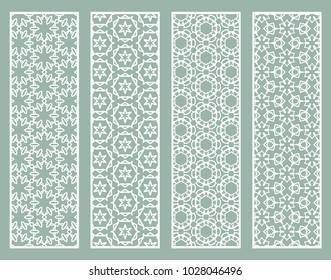 Decorative geometric line borders with repeating texture. Tribal ethnic arabic, indian, turkish ornament, bookmarks templates set. Isolated design elements. Stylized white lace patterns collection