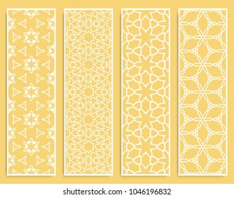 Decorative geometric line borders with repeating texture. Tribal ethnic arabic, indian, turkish ornament, bookmarks templates set. Isolated design elements. Stylized lace patterns collection