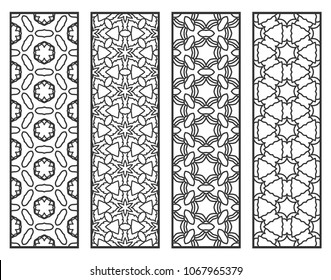 Decorative geometric line borders with repeating texture. Tribal ethnic arabic, indian, turkish ornament, bookmarks templates set. Isolated design elements. Stylized lace patterns collection