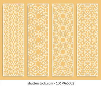 Decorative geometric line borders with repeating texture. Tribal ethnic arabic, indian, turkish ornament, bookmarks templates set. Isolated design elements. Stylized lace patterns collection