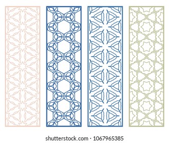 Decorative geometric line borders with repeating texture. Tribal ethnic arabic, indian, turkish ornament, bookmarks templates set. Isolated design elements. Stylized lace patterns collection