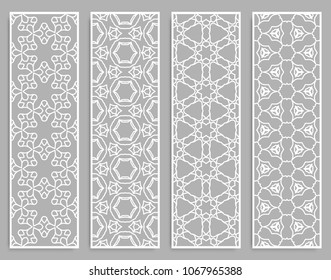Decorative geometric line borders with repeating texture. Tribal ethnic arabic, indian, turkish ornament, bookmarks templates set. Isolated design elements. Stylized lace patterns collection