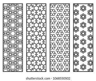Decorative geometric line borders with repeating texture. Tribal ethnic arabic, indian, turkish ornament, bookmarks templates set. Isolated design elements. Stylized lace patterns collection