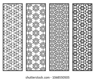 Decorative geometric line borders with repeating texture. Tribal ethnic arabic, indian, turkish ornament, bookmarks templates set. Isolated design elements. Stylized lace patterns collection