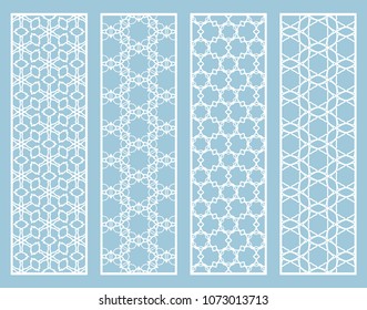 Decorative geometric line borders with repeating texture. Tribal ethnic arabic, indian, turkish ornament, bookmarks templates set. Isolated design elements. Stylized lace patterns collection