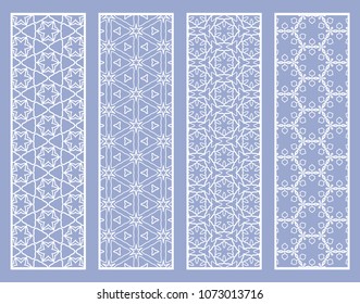 Decorative geometric line borders with repeating texture. Tribal ethnic arabic, indian, turkish ornament, bookmarks templates set. Isolated design elements. Stylized lace patterns collection