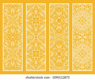 Decorative geometric line borders with repeating texture. Tribal ethnic arabic, indian, turkish ornament, bookmarks templates set. Isolated design elements. Stylized lace patterns collection
