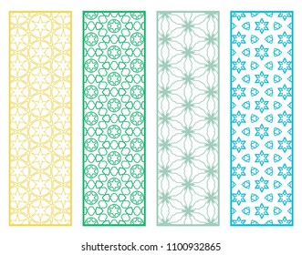 Decorative geometric line borders with repeating texture. Tribal ethnic arabic, indian, turkish ornament, bookmarks templates set. Isolated design elements. Stylized lace patterns collection