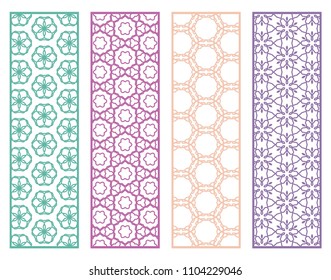 Decorative geometric line borders with repeating texture. Tribal ethnic arabic, indian, turkish ornament, bookmarks templates set. Isolated design elements. Stylized lace patterns collection
