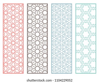 Decorative geometric line borders with repeating texture. Tribal ethnic arabic, indian, turkish ornament, bookmarks templates set. Isolated design elements. Stylized lace patterns collection