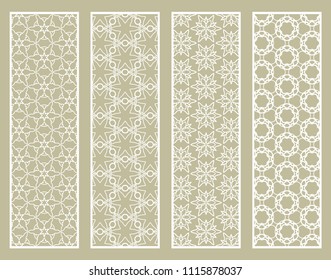 Decorative geometric line borders with repeating texture. Tribal ethnic arabic, indian, turkish ornament, bookmarks templates set. Isolated design elements. Stylized lace patterns collection