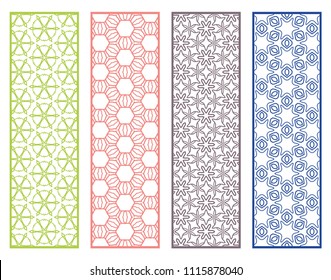 Decorative geometric line borders with repeating texture. Tribal ethnic arabic, indian, turkish ornament, bookmarks templates set. Isolated design elements. Stylized lace patterns collection
