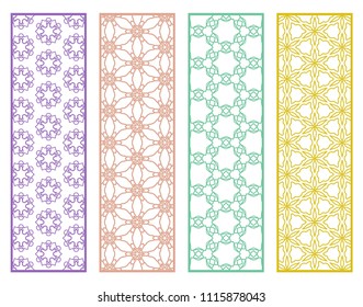 Decorative geometric line borders with repeating texture. Tribal ethnic arabic, indian, turkish ornament, bookmarks templates set. Isolated design elements. Stylized lace patterns collection