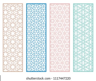 Decorative geometric line borders with repeating texture. Tribal ethnic arabic, indian, turkish ornament, bookmarks templates set. Isolated design elements. Stylized lace patterns collection