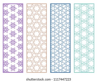 Decorative geometric line borders with repeating texture. Tribal ethnic arabic, indian, turkish ornament, bookmarks templates set. Isolated design elements. Stylized lace patterns collection