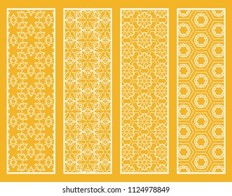 Decorative geometric line borders with repeating texture. Tribal ethnic arabic, indian, turkish ornament, bookmarks templates set. Isolated design elements. Stylized lace patterns collection