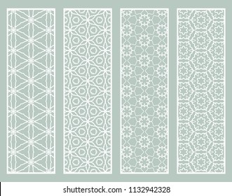 Decorative geometric line borders with repeating texture. Tribal ethnic arabic, indian, turkish ornament, bookmarks templates set. Isolated design elements. Stylized lace patterns collection