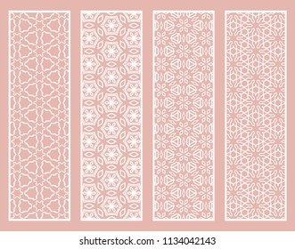 Decorative geometric line borders with repeating texture. Tribal ethnic arabic, indian, turkish ornament, bookmarks templates set. Isolated design elements. Stylized lace patterns collection