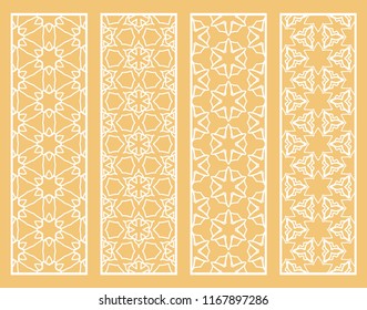 Decorative geometric line borders with repeating texture. Tribal ethnic arabic, indian, turkish ornament, bookmarks templates set. Isolated design elements. Stylized lace patterns collection
