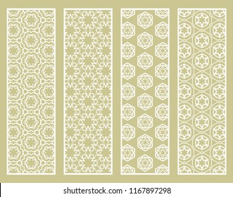 Decorative geometric line borders with repeating texture. Tribal ethnic arabic, indian, turkish ornament, bookmarks templates set. Isolated design elements. Stylized lace patterns collection