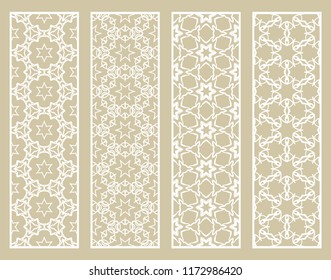 Decorative geometric line borders with repeating texture. Tribal ethnic arabic, indian, turkish ornament, bookmarks templates set. Isolated design elements. Stylized lace patterns collection