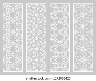 Decorative geometric line borders with repeating texture. Tribal ethnic arabic, indian, turkish ornament, bookmarks templates set. Isolated design elements. Stylized lace patterns collection