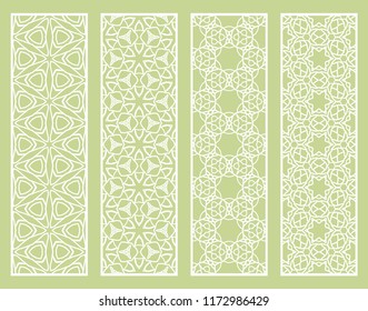 Decorative geometric line borders with repeating texture. Tribal ethnic arabic, indian, turkish ornament, bookmarks templates set. Isolated design elements. Stylized lace patterns collection