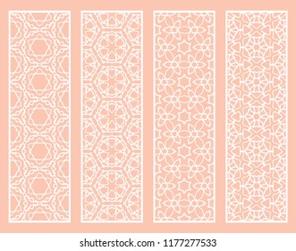 Decorative geometric line borders with repeating texture. Tribal ethnic arabic, indian, turkish ornament, bookmarks templates set. Isolated design elements. Stylized lace patterns collection
