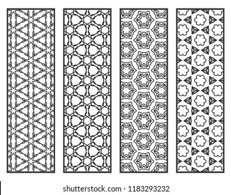 Decorative geometric line borders with repeating texture. Tribal ethnic arabic, indian, turkish ornament, bookmarks templates set. Isolated design elements. Stylized black lace patterns collection