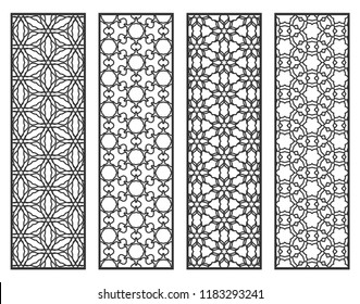 Decorative geometric line borders with repeating texture. Tribal ethnic arabic, indian, turkish ornament, bookmarks templates set. Isolated design elements. Stylized black lace patterns collection