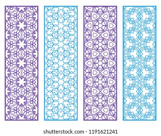 Decorative geometric line borders with repeating texture. Tribal ethnic arabic, indian, turkish ornament, bookmarks templates set. Isolated design elements. Stylized lace patterns collection