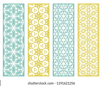 Decorative geometric line borders with repeating texture. Tribal ethnic arabic, indian, turkish ornament, bookmarks templates set. Isolated design elements. Stylized lace patterns collection