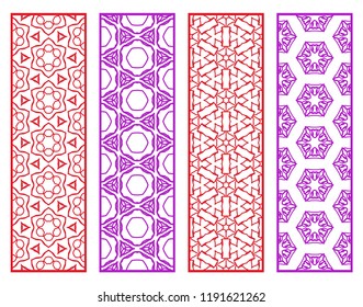Decorative geometric line borders with repeating texture. Tribal ethnic arabic, indian, turkish ornament, bookmarks templates set. Isolated design elements. Stylized lace patterns collection
