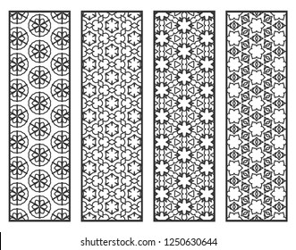 Decorative geometric line borders with repeating texture. Tribal ethnic arabic, indian, turkish ornament, bookmarks templates set. Isolated design elements. Stylized lace patterns collection