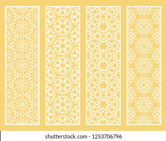 Decorative geometric line borders with repeating texture. Tribal ethnic arabic, indian, turkish ornament, bookmarks templates set. Isolated design elements. Stylized lace patterns collection