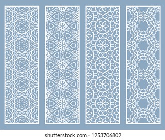 Decorative geometric line borders with repeating texture. Tribal ethnic arabic, indian, turkish ornament, bookmarks templates set. Isolated design elements. Stylized lace patterns collection