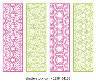 Decorative geometric line borders with repeating texture. Tribal ethnic arabic, indian, turkish ornament, bookmarks templates set. Isolated design elements. Stylized lace patterns collection