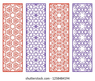 Decorative geometric line borders with repeating texture. Tribal ethnic arabic, indian, turkish ornament, bookmarks templates set. Isolated design elements. Stylized lace patterns collection