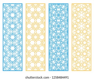 Decorative geometric line borders with repeating texture. Tribal ethnic arabic, indian, turkish ornament, bookmarks templates set. Isolated design elements. Stylized lace patterns collection