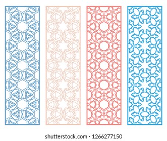 Decorative geometric line borders with repeating texture. Tribal ethnic arabic, indian, turkish ornament, bookmarks templates set. Isolated design elements. Stylized lace patterns collection