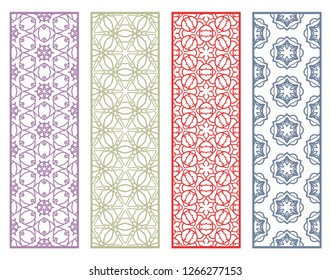 Decorative geometric line borders with repeating texture. Tribal ethnic arabic, indian, turkish ornament, bookmarks templates set. Isolated design elements. Stylized lace patterns collection