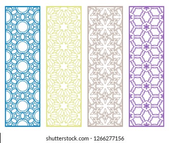 Decorative geometric line borders with repeating texture. Tribal ethnic arabic, indian, turkish ornament, bookmarks templates set. Isolated design elements. Stylized lace patterns collection