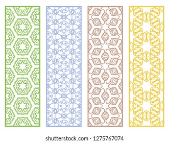 Decorative geometric line borders with repeating texture. Tribal ethnic arabic, indian, turkish ornament, bookmarks templates set. Isolated design elements. Stylized lace patterns collection