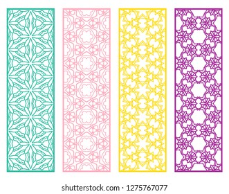 Decorative geometric line borders with repeating texture. Tribal ethnic arabic, indian, turkish ornament, bookmarks templates set. Isolated design elements. Stylized lace patterns collection