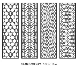 Decorative geometric line borders with repeating texture. Tribal ethnic arabic, indian, turkish ornament, bookmarks templates set. Isolated design elements. Stylized lace patterns collection