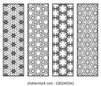 Decorative geometric line borders with repeating texture. Tribal ethnic arabic, indian, turkish ornament, bookmarks templates set. Isolated design elements. Stylized lace patterns collection