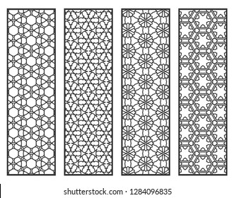 Decorative geometric line borders with repeating texture. Tribal ethnic arabic, indian, turkish ornament, bookmarks templates set. Isolated design elements. Stylized black lace patterns collection